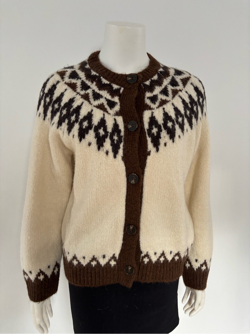 Zara Cream and Brown Geometric Button-Front Cardigan